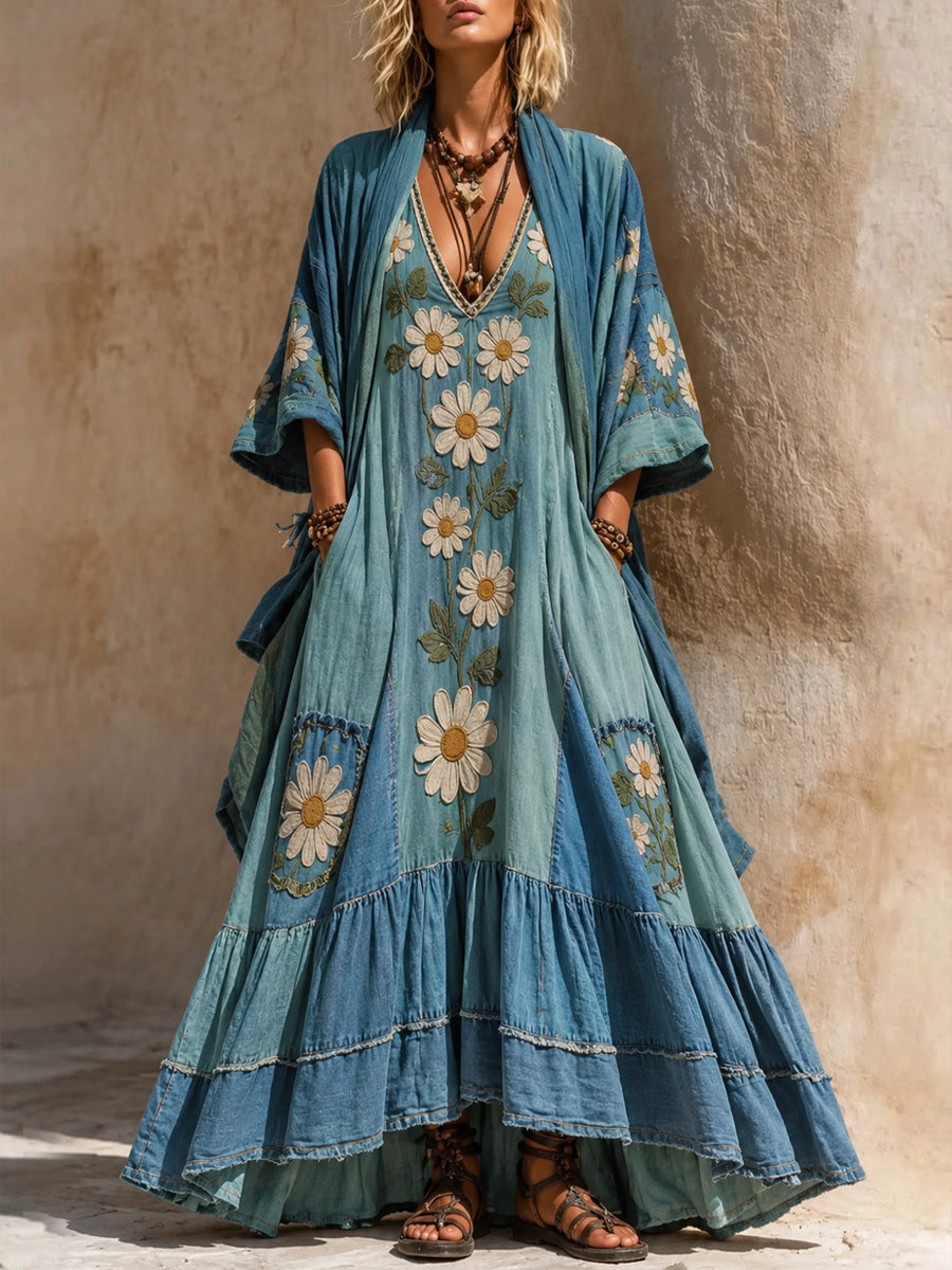 Retro Style Art Printed Vintage Camisole Dress Long Sleeve Two-Piece Maxi Dress
